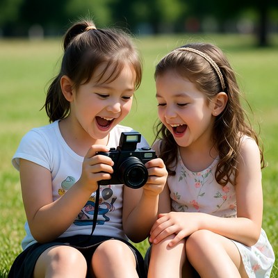 Two girls holding camera laughing