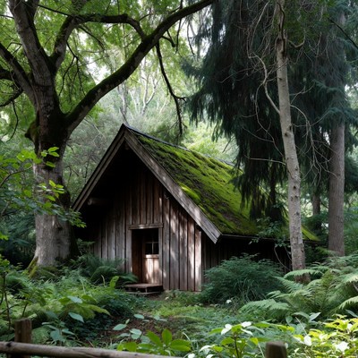 Mossy Wooden Cabin in Forest