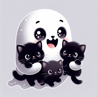 Ghost hugging three black kittens