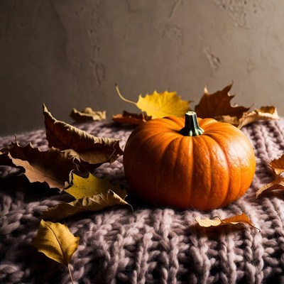 Pumpkin with Autumn Leaves on Knit Fabric