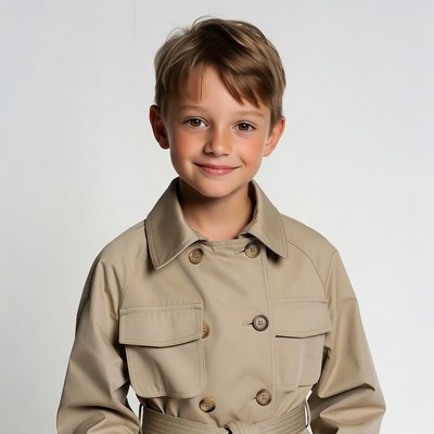 Boy smiling in beige trench coat