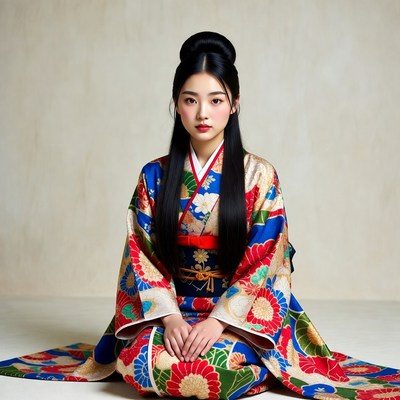 Asian woman in blue kimono sitting