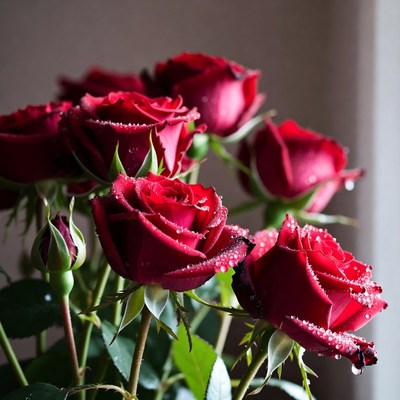Red Roses with Dew Drops