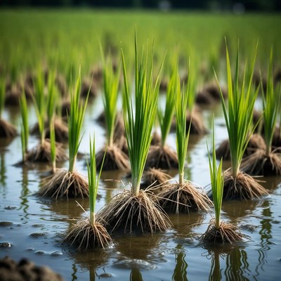 Young rice seedlings in flooded field