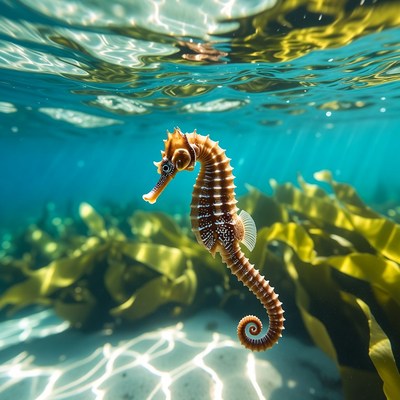 Seahorse among underwater kelp