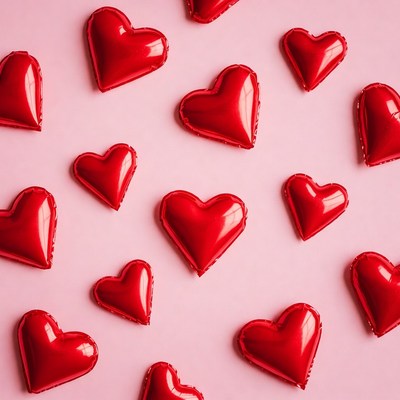 Red heart balloons on pink background