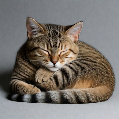 Sleeping tabby cat curled up