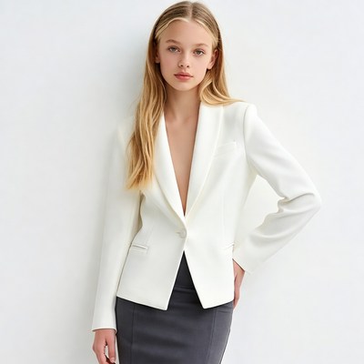 Teen girl in white blazer and skirt