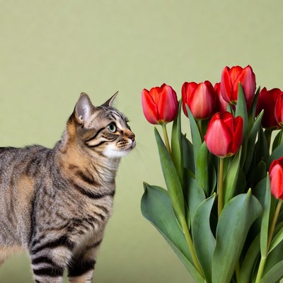 Tabby Cat Sniffing Red Tulips
