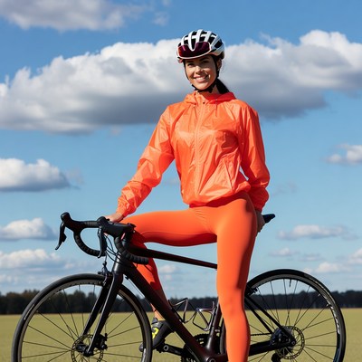 Woman in orange cycling gear on bike