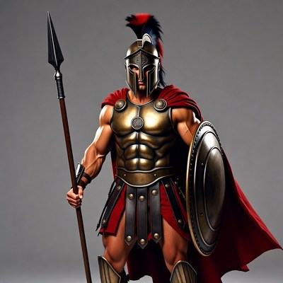 Muscular Spartan warrior with spear and shield