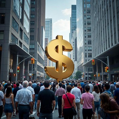 Giant Golden Dollar Sign in Crowded City Street