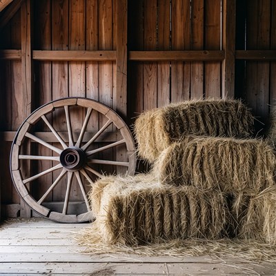 Wooden Wheel Against Hay Bales in Barn