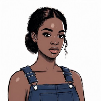 African-American woman in blue overalls
