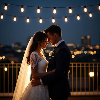 Bride and groom embracing under string lights