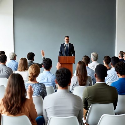 Man speaking at podium to audience