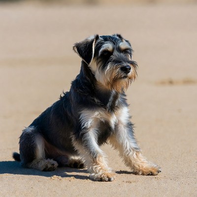 Miniature Schnauzer puppy on beach