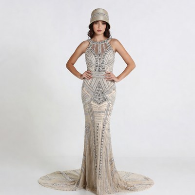 Woman in Beaded Flapper Gown and Cloche Hat
