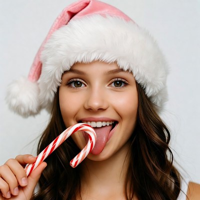 Girl licking candy cane in Santa hat