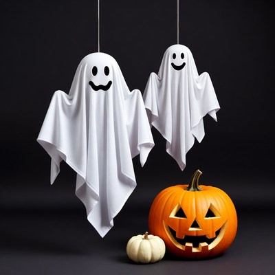 Two Hanging Ghosts with Jack-o-Lantern