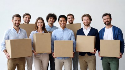 Diverse team holding cardboard boxes
