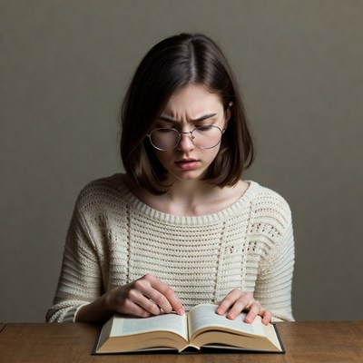 Woman reading book at table