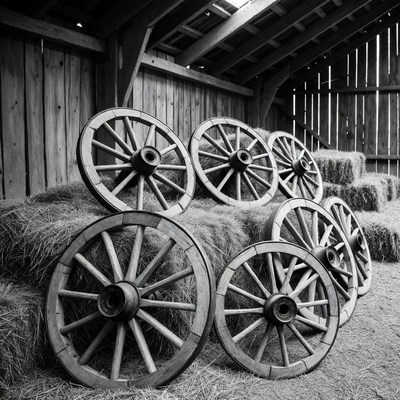 Stacked Wooden Cart Wheels on Hay Bales
