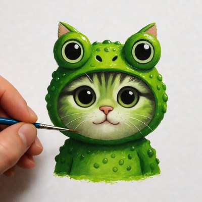 Artist painting cat in frog costume