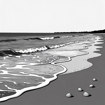 Seashells on beach with waves