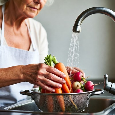 Elderly woman washing carrots sink