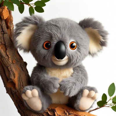 Cute koala plush toy on tree branch