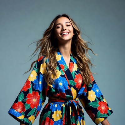 Smiling woman in colorful floral kimono