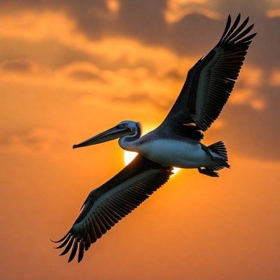 Pelican Flying Over Sunset