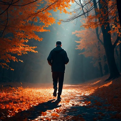 Man walking autumn forest path