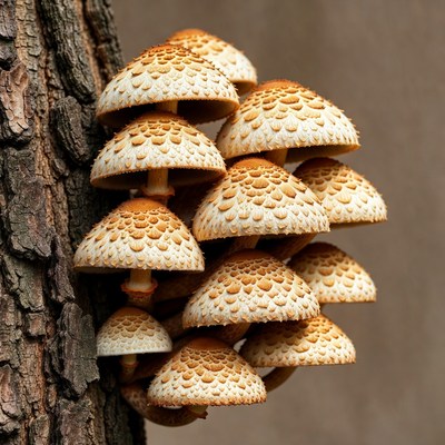 Cluster of mushrooms on tree trunk