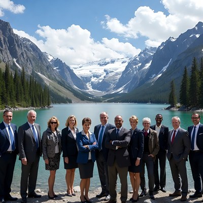 Business group posing by mountain lake