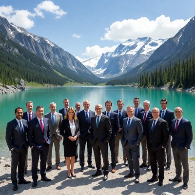 Business professionals group by turquoise lake mountains