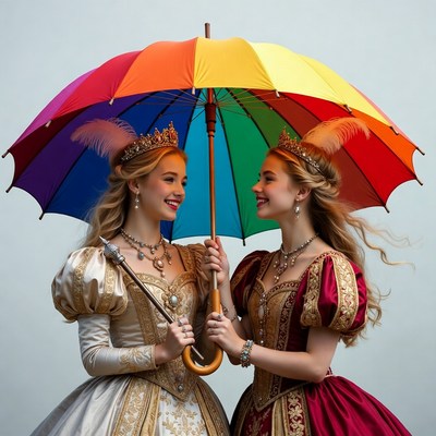 Twin girls holding rainbow umbrella