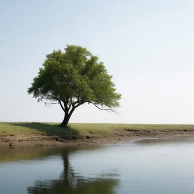 Lone green tree by riverbank