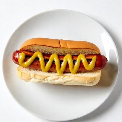 Hot dog with mustard on white plate