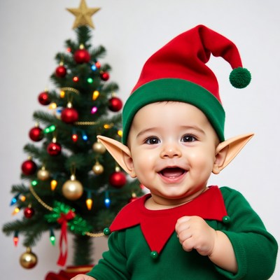 Baby elf smiling in front of Christmas tree