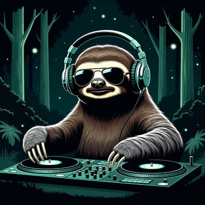 Sloth DJ with headphones in jungle