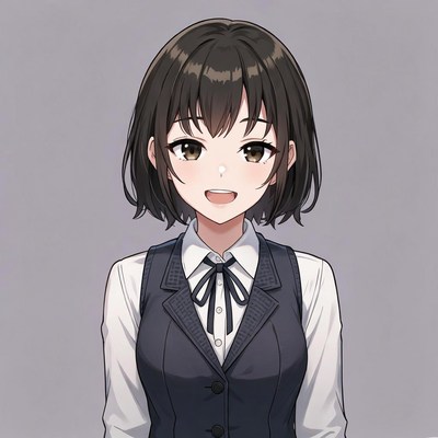 Anime girl smiling in vest uniform