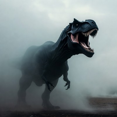 Roaring Black T-Rex in Fog