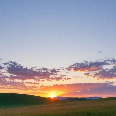 Sunset over green rolling hills
