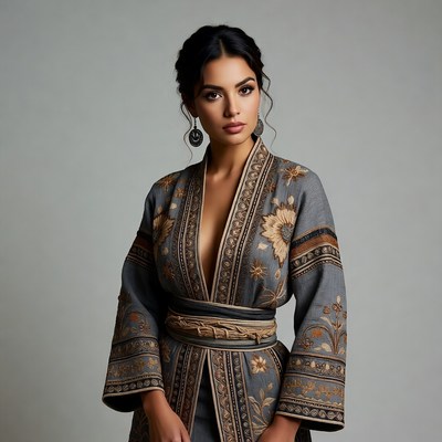 Beautiful woman in embroidered gray kimono