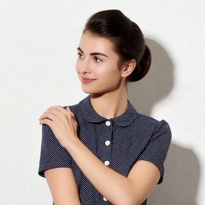 Woman in polka dot dress looking sideways
