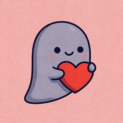 Cute ghost holding red heart