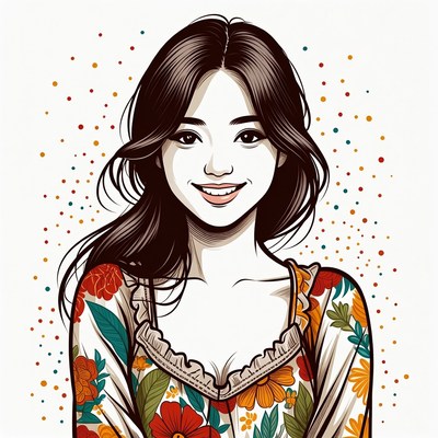 Asian woman in floral dress illustration