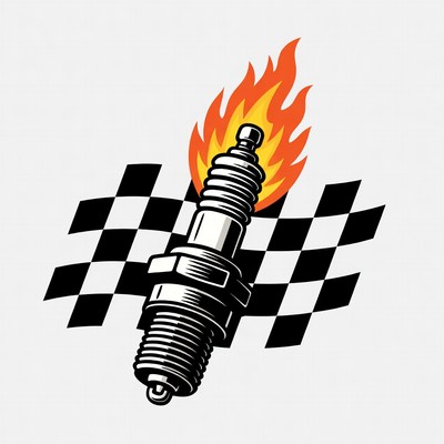Spark Plug with Flames and Checkered Flag
